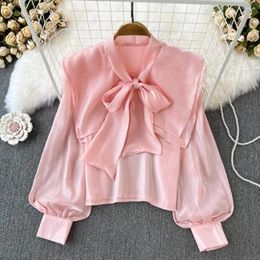 Women's Blouses Special Offer Spring Autumn Women Bow Lace-up Lantern Sleeve Loose Blouse Korean Sweet Ruffles Solid Colour Bright Short