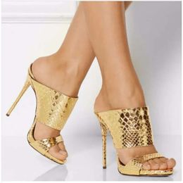 Fashion Quality Women Open Toe Gold Pattern Leather Slipper Stiletto Black Sier High Heel Sanda d9d