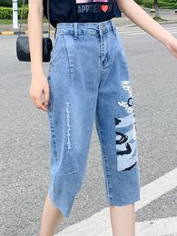 Women's Jeans Women's Printed Korean Capris Straight Leg Pants Ladies Streetwear Vintage Chic 5XL Elastic Waist Denim Harem Trousers