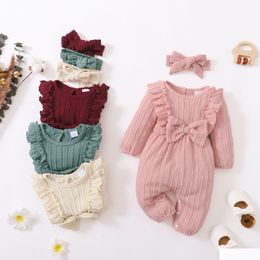Rompers Ins Baby Kids Clothing Girl Romper O-Neck Long Sleeve Lace Design Solid Colour Headband Infant Simple 100% Cotton Drop Delivery Ot1Ou