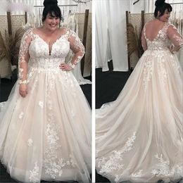 Vintage Lace A Line Wedding Dresses Long Sleeves Plus Size Bridal Gowns V Neck Sweep Train Light Champagne Outdoor Wedding Wear