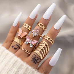 Cluster Rings Pink Butterfly Inlaid Stone Ring Set Sweet Animal Love Cut-Out 9-Piece Female