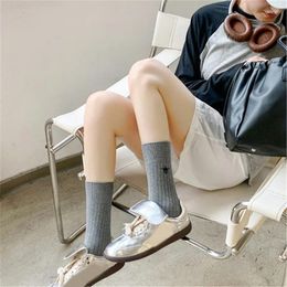 Women Socks Japanese Combed Cotton Solid Middle Tube Harajuku Embroidery Ribbed Striped Over The Calf Long