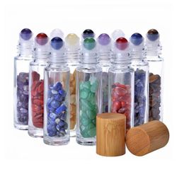 10ml Essential Oil Roll-on Bottles Glass Roll on Perfume Bottle with Crushed Natural Crystal Quartz Stone, Crystal Roller Ball, Bamboo Sdtk