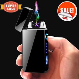 Lighters Hot selling metal windproof double arc plasma lamp pulse flameless fingerprint touch USB charging lamp mens gift Q240522