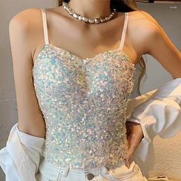 Women's Tanks Women 2024 Sexy Sequin Tops With Bra Pad Y2K O-Neck Underwear Camis Elastic Slim Solid Tank Backless Off Shoulder Tube Top