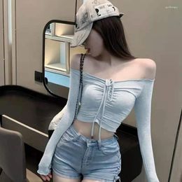 Women's T Shirts Long Sleeved Woman Y2K Tee Off Shoulder Aesthetic Clothes Harajuku Sexy Shirring Solid Ins White Party Club Casual Top