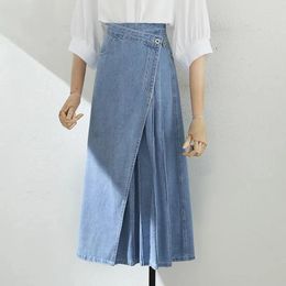 Skirts 2024 Summer Pleated For Women Fashion Irregular Patchwork A-Line Denim Lady Korean High Waist Long Skirt