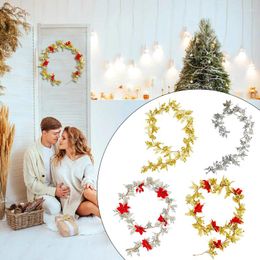 Decorative Flowers Artificial Gold Silver Leaves Merry Christmas Red Berries Vine DIY Xmas Tree Garland Wreath Hanging Ornament For Home