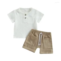 Clothing Sets Baby Boys Summer 2-piece Outfits Solid Color Cotton Short Sleeve T-shirt With Casual Elastic Shorts Toddler Set