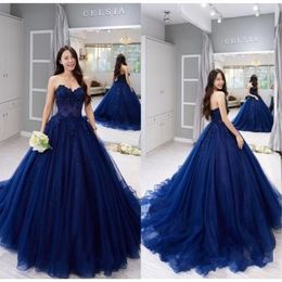 2022 New Sweetheart Ball Gown Prom Quinceanera Dress Vintage Navy Blue Lace Applique Ball Gown Formal Sweet 15 Party Dresses B0606x1 303D