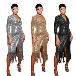 Casual Dresses Gold Silver Sequin Tassel Prom Shirt Dress Elegant Luxury Long Evening For Women Night Club Outfits Party