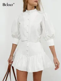 Work Dresses Bclout Elegant Cotton White Skirts Sets Womens 2 Pieces Summer Stand Collar Slim Blouses Casual Pleated A-Line Suits 2024