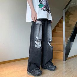 Men's Jeans Foufurieux Blue Ripped Men Summer American High Street Retro Floor-length Pants Loose High-waisted Straight Wide-leg