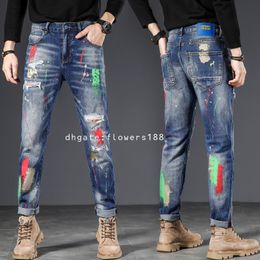 Men's Jeans Red And Green Multiple Paint Big Hole Posts Handsome Unruly Ripped Paint Jeans Ripped Skinny Jeans Ripped Stretch Jeans Ripped Up Jeans Robin Jeans
