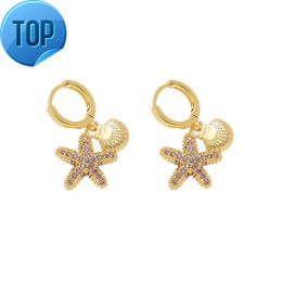 Hot Selling Shiny Cubic Zirconia Huggies Hoop Earrings Star Shell Design Women 18K Gold Plated Drop Earrings