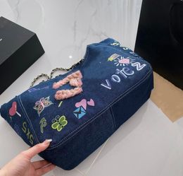 Small group heavy industry embroidery fashion square canvas denim artistic handheld single shoulder tote bag for women