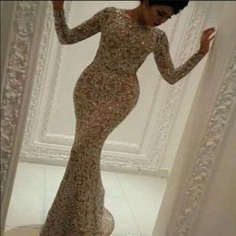 2020 Arabic Full Sequined Prom Dresses Bateau Neckline Beads Long Sleeves Celebrity Party Gowns Mermaid vestidos de fiesta Evening Dres 292m