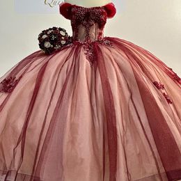 Red Shiny Princess Quinceanera Dress Off The Shoulder Applique Lace Beads Crystals Tull Ball Gown Sweet 16 Vestidos De 15 Anos