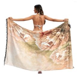 Twill Cotton Pareo Beach Cover-Ups Women Dress Bathing Swimwear Cover Up Vintage Flower Peonies Snow Sarong Scarf