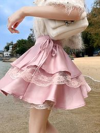 Black Patchwork Lace Short Women Cake Skirt With Up High Waist Preppy Style Cute Ball Gown Kawaii Skirts Girls 240516