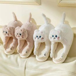 Slippers Cute Cartoon Kitten Solid Colour Home Winter Plush Ladies 2024 Casual Warm Thick-soled Flat Shoes