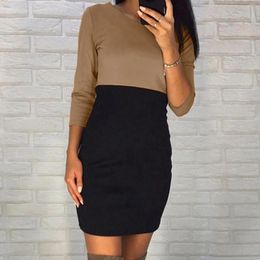 Casual Dresses Womens Round Neck Long Sleeve 2024 Fashion Solid Color Mid Length Slim Fit Patchwork Dress For Ladies