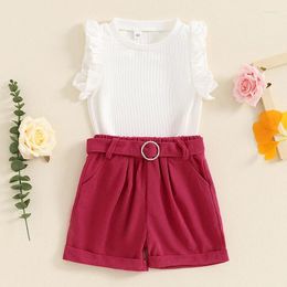 Clothing Sets Toddler Girl Summer Outfit Solid Color Ribbed Round Neck Ruffles Sleeve Tops And Shorts With Belt 2Pcs Clothes Set