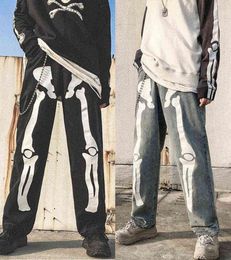 Men Skeleton Printed Jeans Pants Mens High Street Wide Legs Straight Loose Hip Hop Harem Jeans Young Casual Denim Pants Overalls G1008506