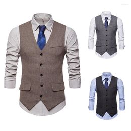 Men's Vests Men Smart Casual Herringbone Tweed Suit Vest Male Fashion Slim Fit Sleeveless Waistcoat Single Breasted Top Classic Formal Dress