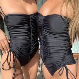 Women's Swimwear 2024 Hollow Out Women Solid Colour Pleated Sexy Sling Bikini Black Monokini Bathing Suit Summer Holiday
