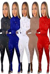 Sexy Hollow Out Two Piece Pants Set Designer Tracksuits Women Streetwear Long Sleeve Tops See Through Leggings Skinny Slim Suit1119505