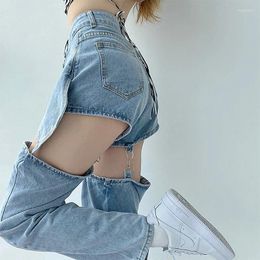 Women's Jeans 2024 Office Lady Solid Hollow Out Women Y2K Summer Shorts Blue Straight Loose Denim Pants Sexy High Waist Trousers P162