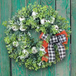 Decorative Flowers Plaid Bowknot Decor Wreath Harvest Festival White Pumpkin Artificial Thanksgiving Door Hanging Decoration