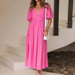 Casual Dresses Women's Summer Short Sleeve V Neck Swing Pink Dress Fashion Flowy Tiered Maxi Bohemian Style Beach