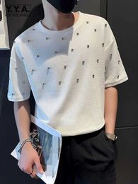 Men's T-Shirts Summer Mens T-Shirts Half Sleeve Gothic Black White Casual Tees Top Men Loose Fit Beading O-Neck Solid Colors Pullover T-Shirt J240522