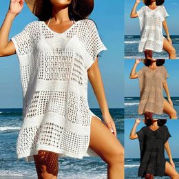 Cutout Crochet Bikini Swim Cover Up For Women Sexy V-Neck Short Sleeve Beach Dress Split Tunic Mini 2024 Summer Beachwear