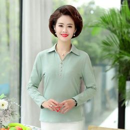 Women's Polos Middle Aged Women Cozy Polo Shirts Autumn Spring Red Pink Green Turn Down Collar Long Sleeve Four Button Front Top Mom Clothes