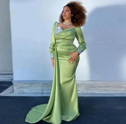 Party Dresses Elegent Satin Mermaid Prom 2024 Sexy V Neck Long Sleeves Beaded Top Plus Size Formal Evening Occasion Gowns Robe De Soir