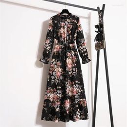 Casual Dresses Spring Summer Women Maxi Vestidoes Chiffon Full Sleeve Vintage Printed Floral Zipper Long Dress