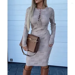 Casual Dresses Elegant Women Autumn Winter Bodycon Dress Y2K Chic Clothes Streetwear Geometric Pattern Lace-up Long Sleeve Knit Midi