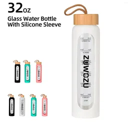Water Bottles 1000ML Glass Bottle With Time Marker Reminder Quotes Leak Proof BPA Free Silicone Sleeve And Bamboo Lid