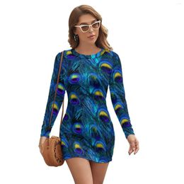 Casual Dresses Peacock Feather Bodycon Dress Ladies Animal Print Club Holiday Long Sleeve Street Wear Pattern Big Size 2XL