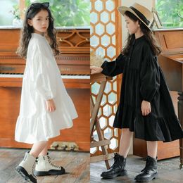 Korean Style Kids Dresses For Teenage Girls Spring Long Puff Sleeves Knee Length Young Children's Shirt Dress 10 12 13 14 15 16Y L2405