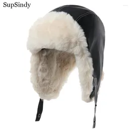 Berets SupSindy Men Winter Bomber Hat Outdoor Motorcycle Windproof Warm Faux Fur Pilot Earflap Leather Thermal Ushanka Snow Cap