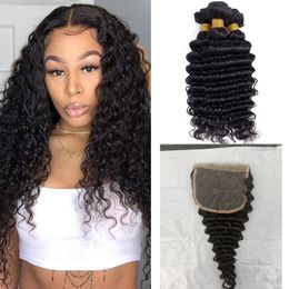 Brazilian 5X5 Lace Closure With 3 Bundles Deep Wave Curly Extensions 100% Human Virgin Hair Natural Color 10-30inch Pnbtx