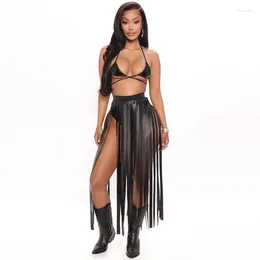 Work Dresses LFRVZ 2024 Top Quality Novelty Black Young Sexy Leather Beach Dress Set Bikini Long Tassel Maxi Skirts Women 2 Piece