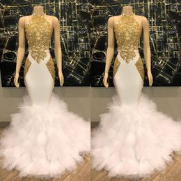 Gorgeous Halter Neck Gold and White Prom Dress 2019 Mermaid Long Evening Gowns Bottom with Tulle Ruffles Party Dresses 203u