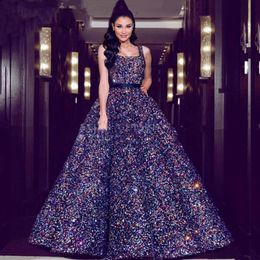 Arabic Sparkly Sequin Ball Gown Prom Dresses 2020 Dubai Square Spaghetti Straps Women Formal Evening Gown Vestido de quinceanera 205a