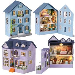 Blocks DIY wooden mini building kit doll house with furniture lights Morans handmade toy girl Christmas birthday gift H240523